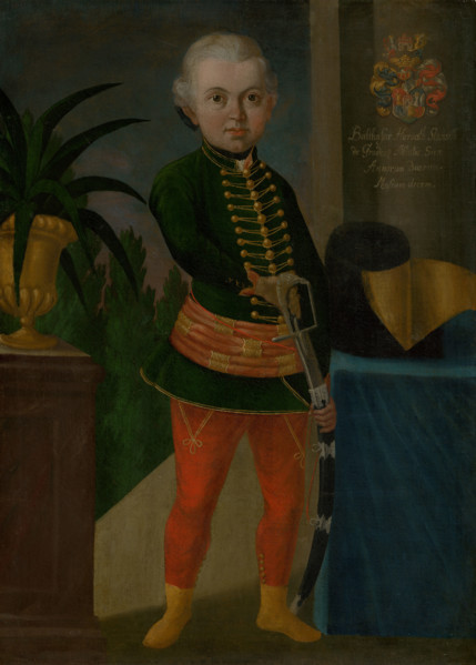 Baltazár Horváth-Stancic aged two years and ten months, c1750. Boy in military uniform preparing to