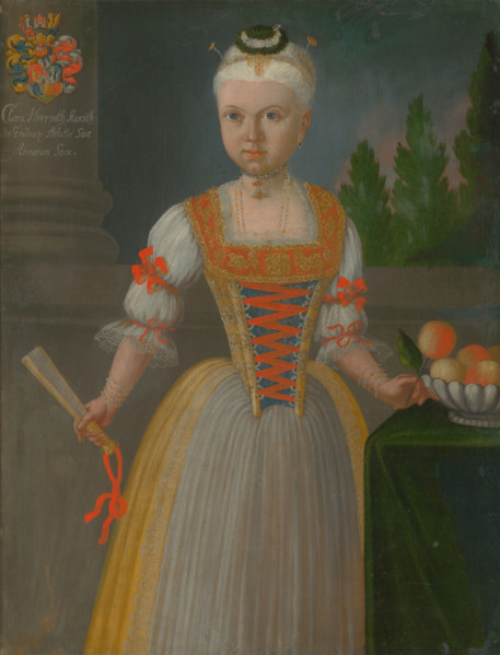 Klára Horvath Stancic aged six, 1740. Young girl wearing gold hair decorations, a pearl necklace