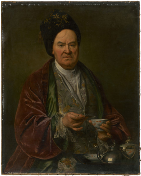Portrait of a man, 1700-1730. Man wearing a velvet robe holding a teacup. Probably by Ján Kupecký.