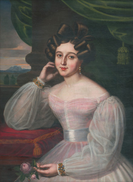 Portrait of a young woman in a pink dress, holding a rose, 1829.