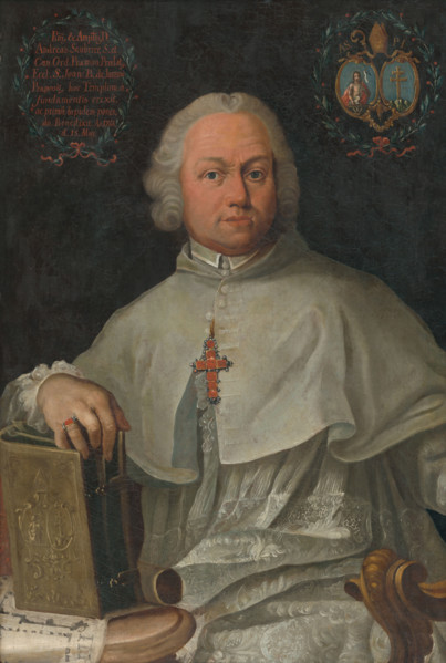 Portrait of Prelate Andrej Sauberer, 1766. On the table are the plans for the baroque complex of St