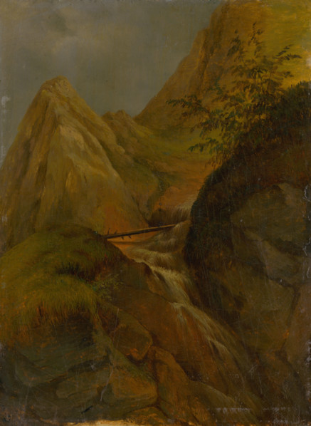 Mountain landscape with waterfall, c1860.
