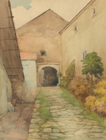 Yard with cobbled path, 1923-1928.