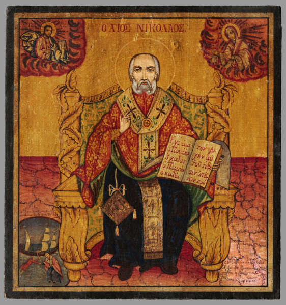 St. Nicholas enthroned, c1837. At bottom left the saint is seen rescuing a man from drowning. Known