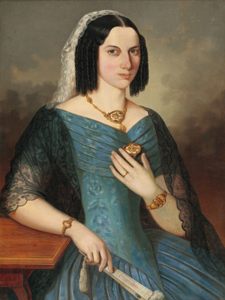 Portrait of a woman in blue, 1854. Woman with ringlets, wearing a black lace shawl, blue pleated