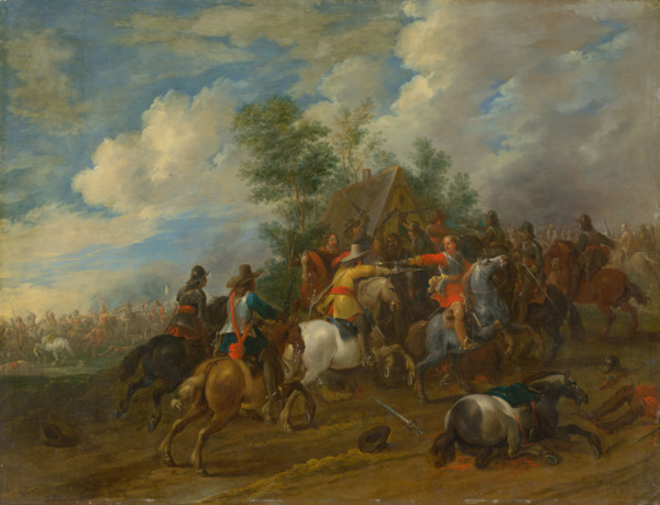 Cavalry skirmish, 1654. Battle scene: two horsemen fire at each other from close range. In the