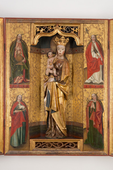 Altar Cabinet with Painted Division: St. Dorothy, St. Agnes, St. Ursula, St. Lucia, 1510-1520.