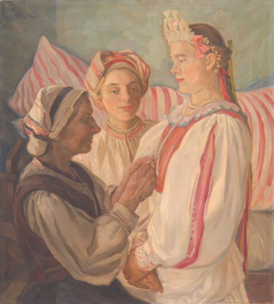 Bride from Helpa, 1935-1936. Women dressing a bride in traditional Slovak costume.