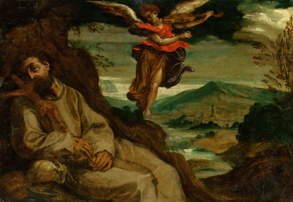 St. Francis comforted by an angel, 1600-1620. The angel plays the violin as Francis reclines with a