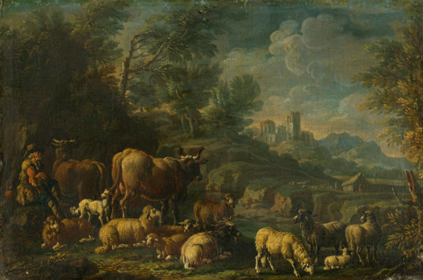 Herdsman with his Herd in Romantic Landscape, last 3rd 18th century.
