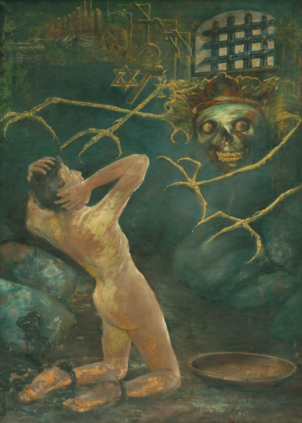 Totalitarianism, 1920. Nightmarish scene: a naked man in leg irons kneels before a vision of Death