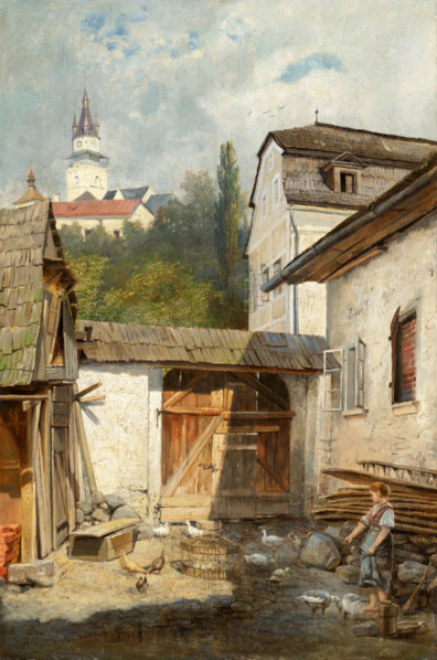 Courtyard in Kremnica, before 1890. Rural scene in Slovakia.