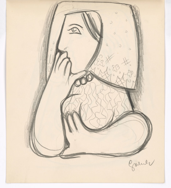 Woman in a flowered scarf with her chin supported, 1938.