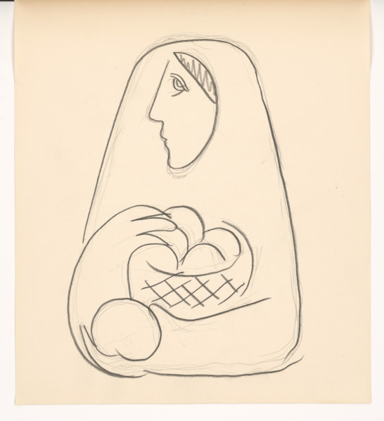 Woman with basket of fruit in her arms, 1938.
