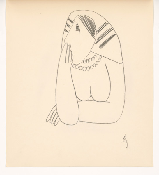 Woman in a striped scarf with her face supported, 1938.