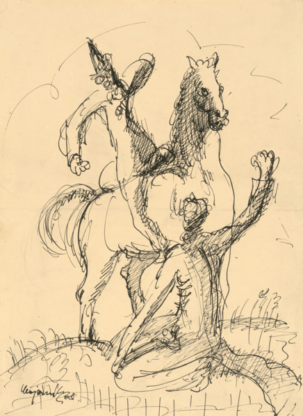 Two clowns with a horse, 1938.