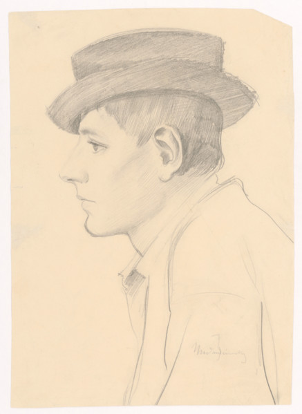 Profile of a young man in a round dark hat, 1880-1910.