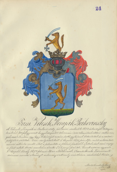 Coat of arms of the Vilcek, Monak, Bukovinska families, 1904.   Additional Info: Adolf