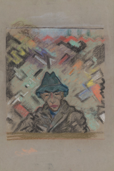 Bust man in a hat with a decorative background, around 1937.