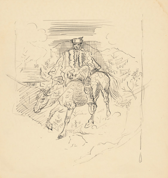 Man in a traditional costume on a horse, c1935.