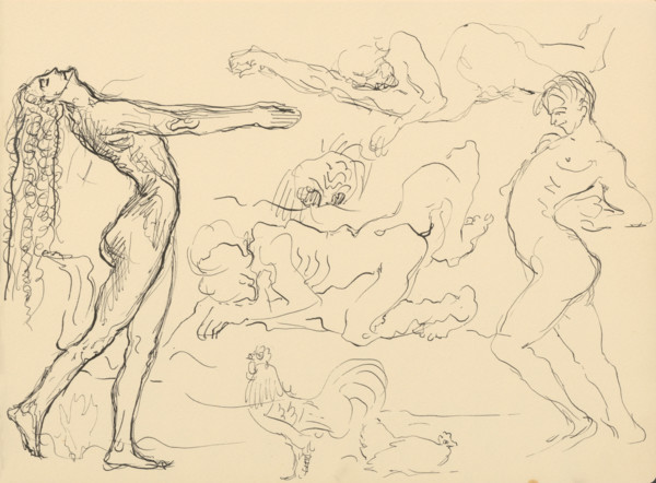 Sketchbook 20 Figures and a Rooster with a Hen, 1st half 20th century.