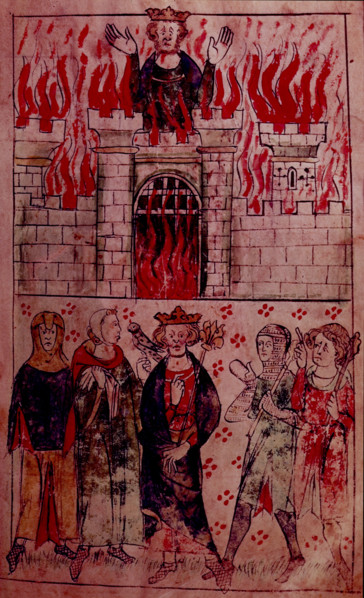 A castle on fire, c1307-c1327. Creator: Unknown.