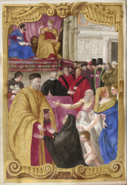 Distribution of alms in a piazza by an elderly official, [Zane?]..., 1568. Creator: Unknown.