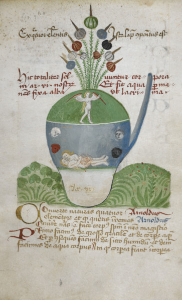 Glass vessel containing figures relating to alchemical experimentation, second half 15th century.  Creator: Unknown.