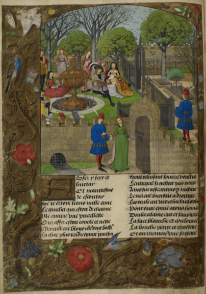 Lutenist and singers in a walled garden, the Lover and Dame Oyseuse..., 1490-1500. Creator: Unknown.