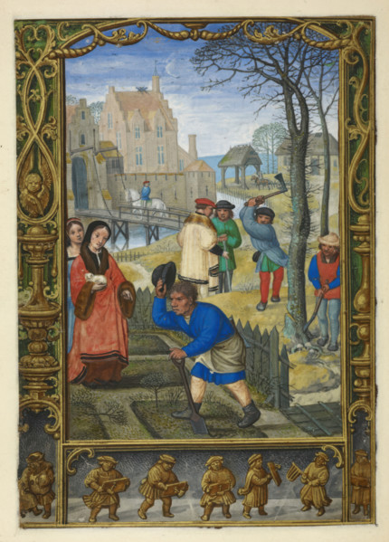 Calendar scene for March: gardening and felling trees, 1520-1530.  Creator: Unknown.