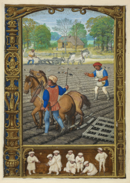 Calendar scene for September: Ploughing, sowing and harrowing, 1520-1530.  Creator: Workshop of Simon Bening.