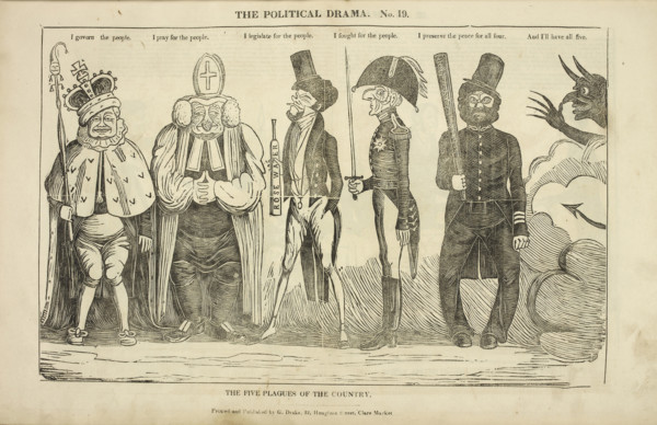 'The Political Drama, No. 19: the Five Plagues of the Country', 1834-1835.  Creator: Charles Jameson Grant.