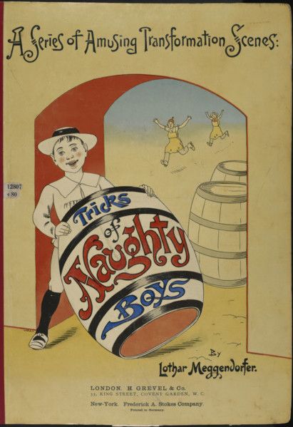 Boy holding a large barrel - book cover, 1900. Creator: Lothar Meggendorfer.