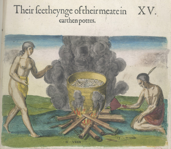 The beauty of the earthenware vessels in which they cook food, 1618. Creators: Theodor de Bry, John White.