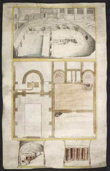 View and plans of the Roman baths at Bath, co. Somerset..., 1762. Creator: William Hoare.