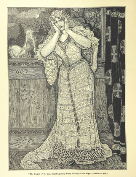 The dragon of the great Pendragonship blaze, making all the night a stream of fire, 1898.  Creator: Louis John Rhead.
