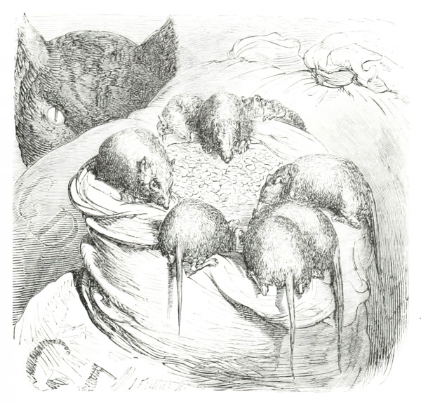 Cat watching rodents eating grain, 1860.  Creator: Unknown.