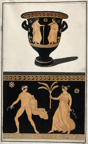 Above, a red-figured Greek wine bowl (krater); below, detail of the decoration showing..., 1760-69. Creator: Augustin Dahlsteen.