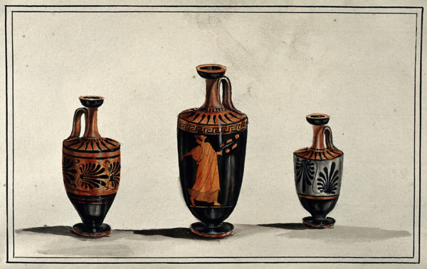 Three Greek wine-jugs (oinochoes); left and right vases decorated with palms; middle..., 1760-1769. Creator: Augustin Dahlsteen.
