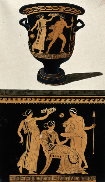 Above, red-figured Greek wine bowl (bell krater); below, detail of decoration showing a..., 1760-9. Creator: Augustin Dahlsteen.