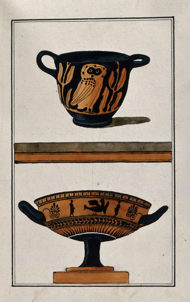 Above, black ground two-handled red-coloured Greek cup (kylix) decorated with an owl..., 1760-9. Creator: Augustin Dahlsteen.