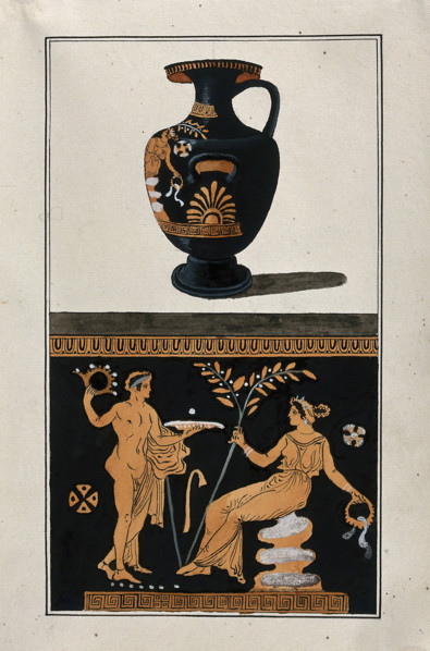 Above, red-figured Greek water jar (hydria); below, detail of decoration showing a seated..., 1760-9 Creator: Augustin Dahlsteen.