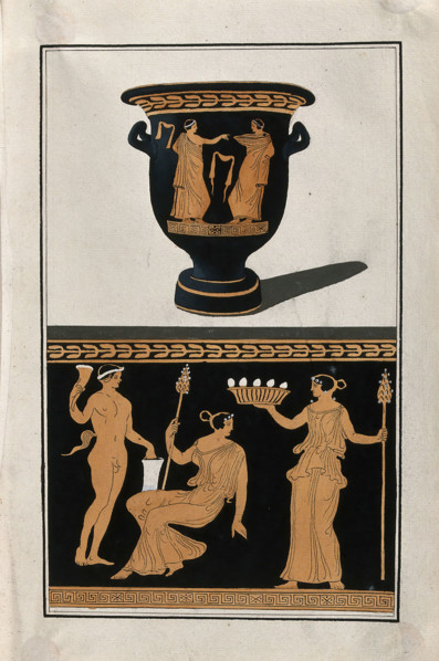 Above, red-figured Greek wine bowl (bell-krater); below, detail of decoration showing a..., 1760-9. Creator: Augustin Dahlsteen.