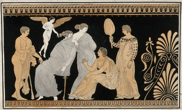 Detail of the decoration of a red-figured Greek strorage jar (pelike) showing a seated..., 1760-9. Creator: Augustin Dahlsteen.