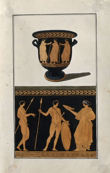 Above, red-figured Greek wine-mixing bowl (bell-krater); below, detail of the decoration..., 1760-9. Creator: Augustin Dahlsteen.