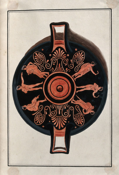 Frieze decorating the inside of a Greek red-figured cup (kylix) showing naked..., 1760-9. Creator: Augustin Dahlsteen.
