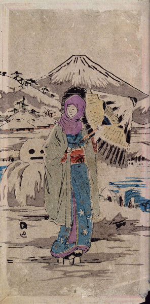 A Japanese woman standing in the snow, between 1800 and 1899. Creator: Unknown.