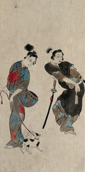 A Japanese woman taking a dog for a walk compared with an effeminate samurai, between 1800 and 1899. Creator: Unknown.