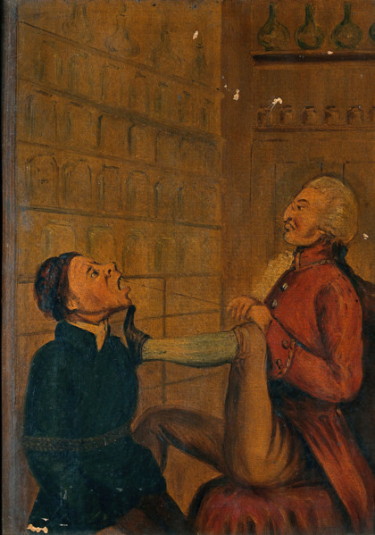 A surgeon-apothecary pulling out a man's tooth. Creator: Unknown.