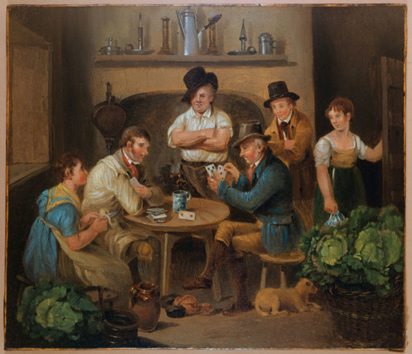 Interior with two men playing cards and four other figures. Creator: Stephen Jenner.